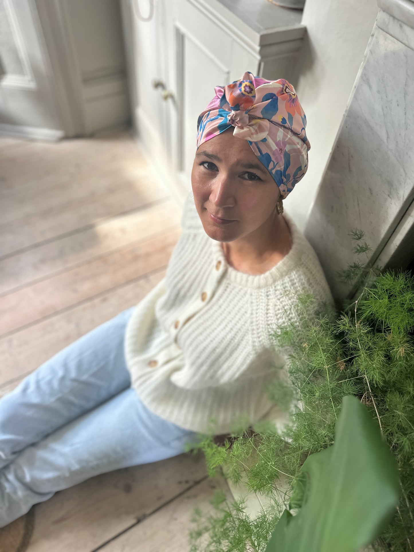 Luxury Silk Turban & Head wrap - Liberty of London Artist Pink Pavilion printed silk satin
