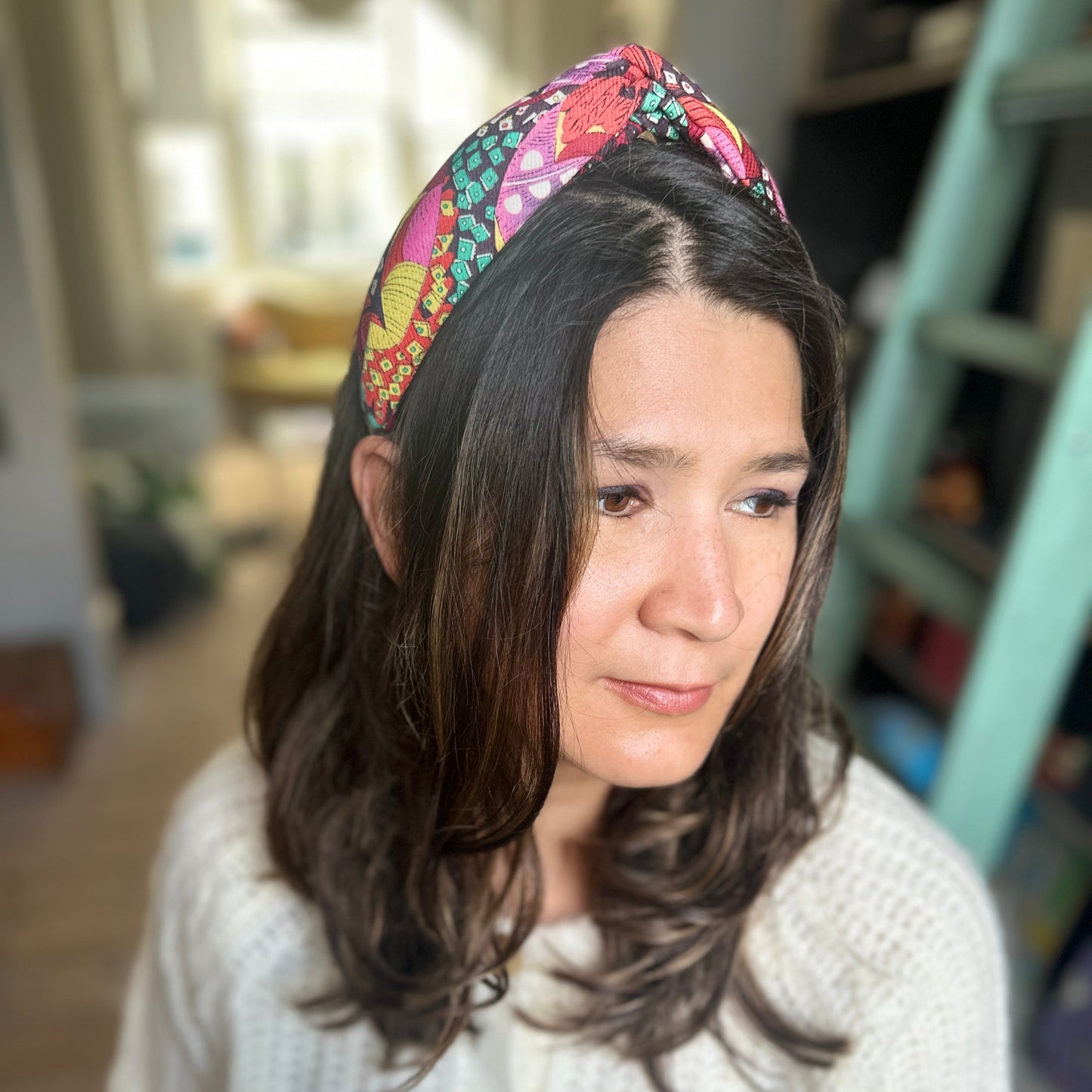 Luxury Silk & Wool Blend Twisted or Knot Alice band in Vintage red multi graphic Liberty of London