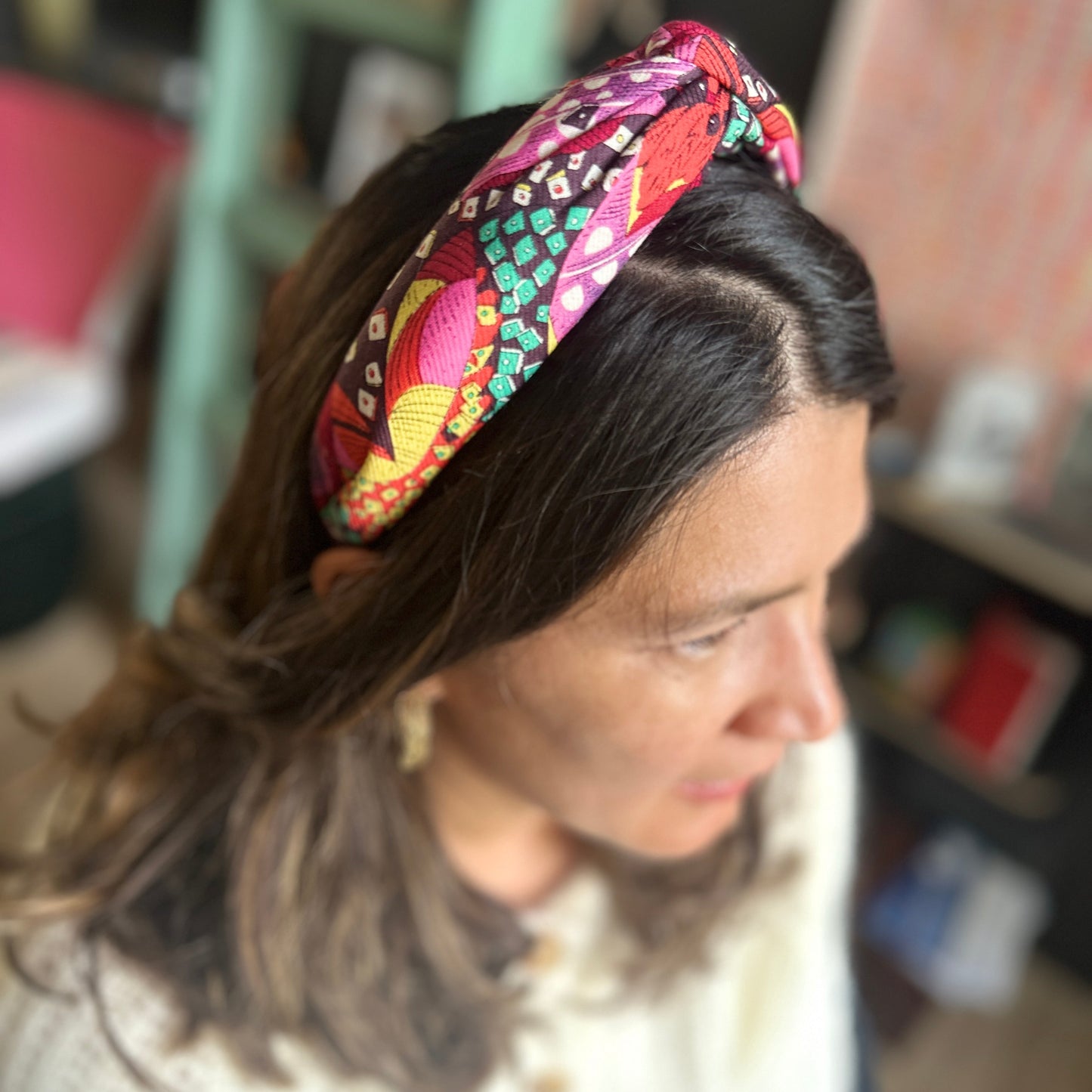 Luxury Silk & Wool Blend Twisted or Knot Alice band in Vintage red multi graphic Liberty of London