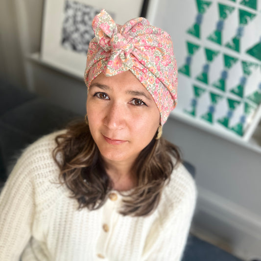 Ladies Turban Hat - Vintage 1980s classic Liberty London pink floral print - Varuna wool