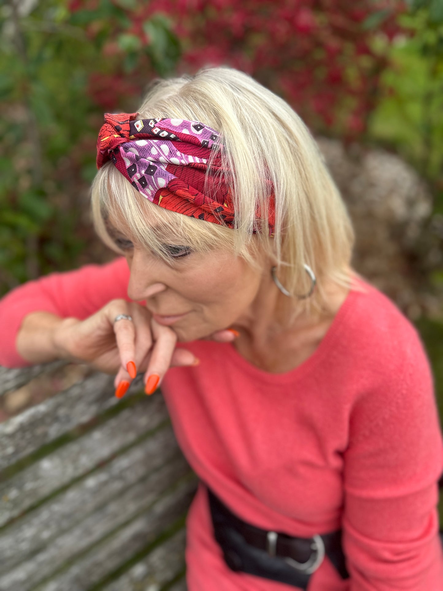 Wool & Silk Twisted Turban hairband and neck scarf in Liberty of London Satsuki in Red
