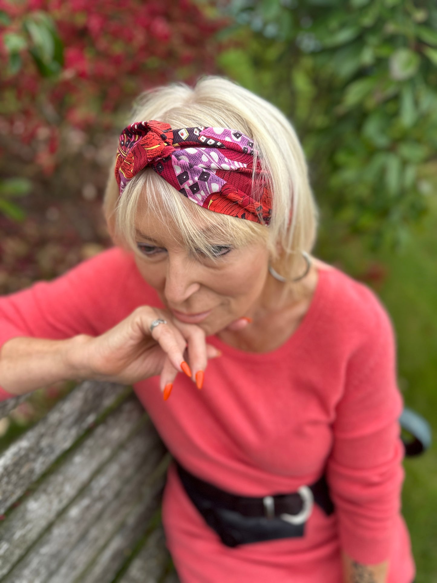 Wool & Silk Twisted Turban hairband and neck scarf in Liberty of London Satsuki in Red
