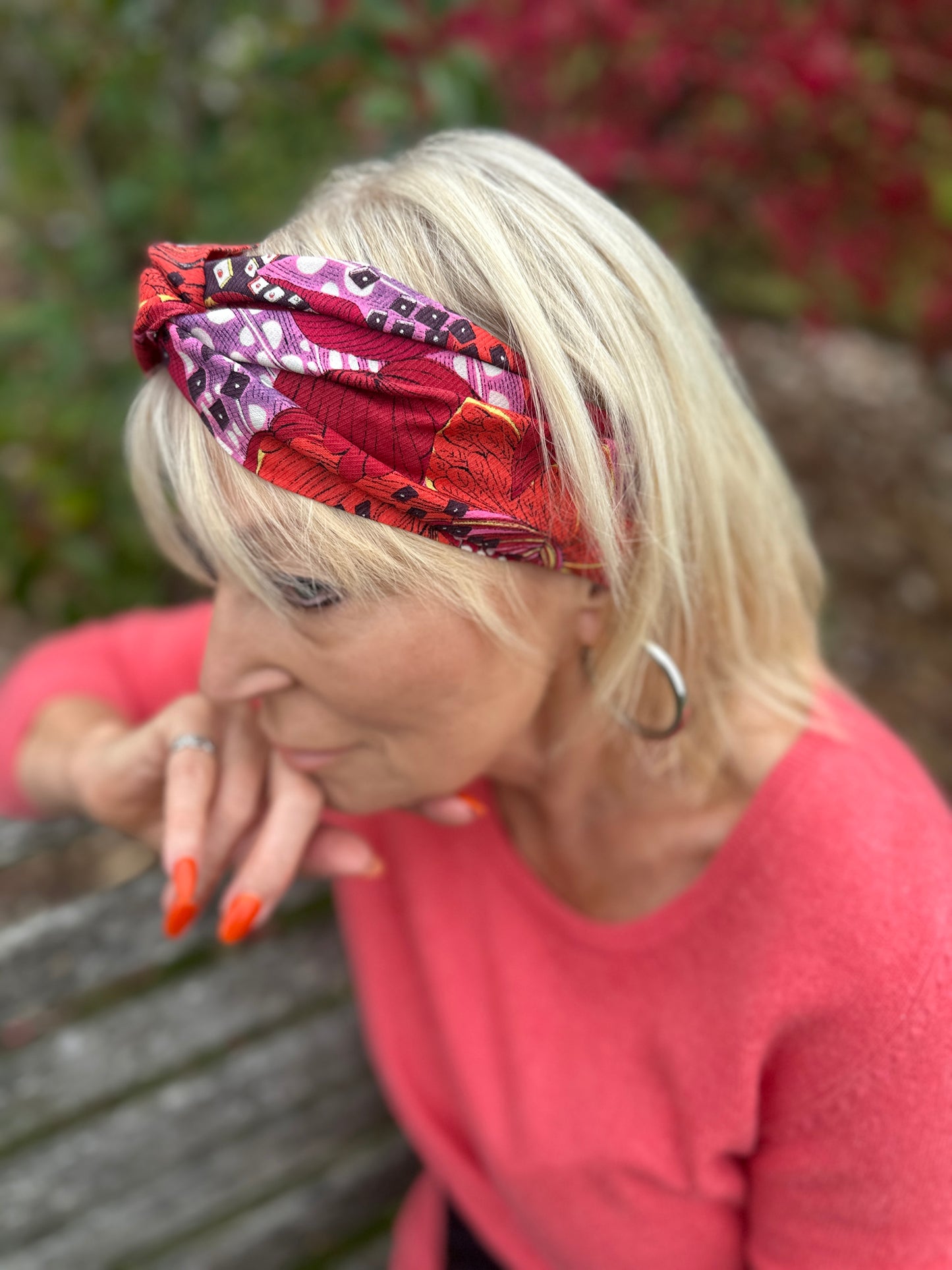 Wool & Silk Twisted Turban hairband and neck scarf in Liberty of London Satsuki in Red