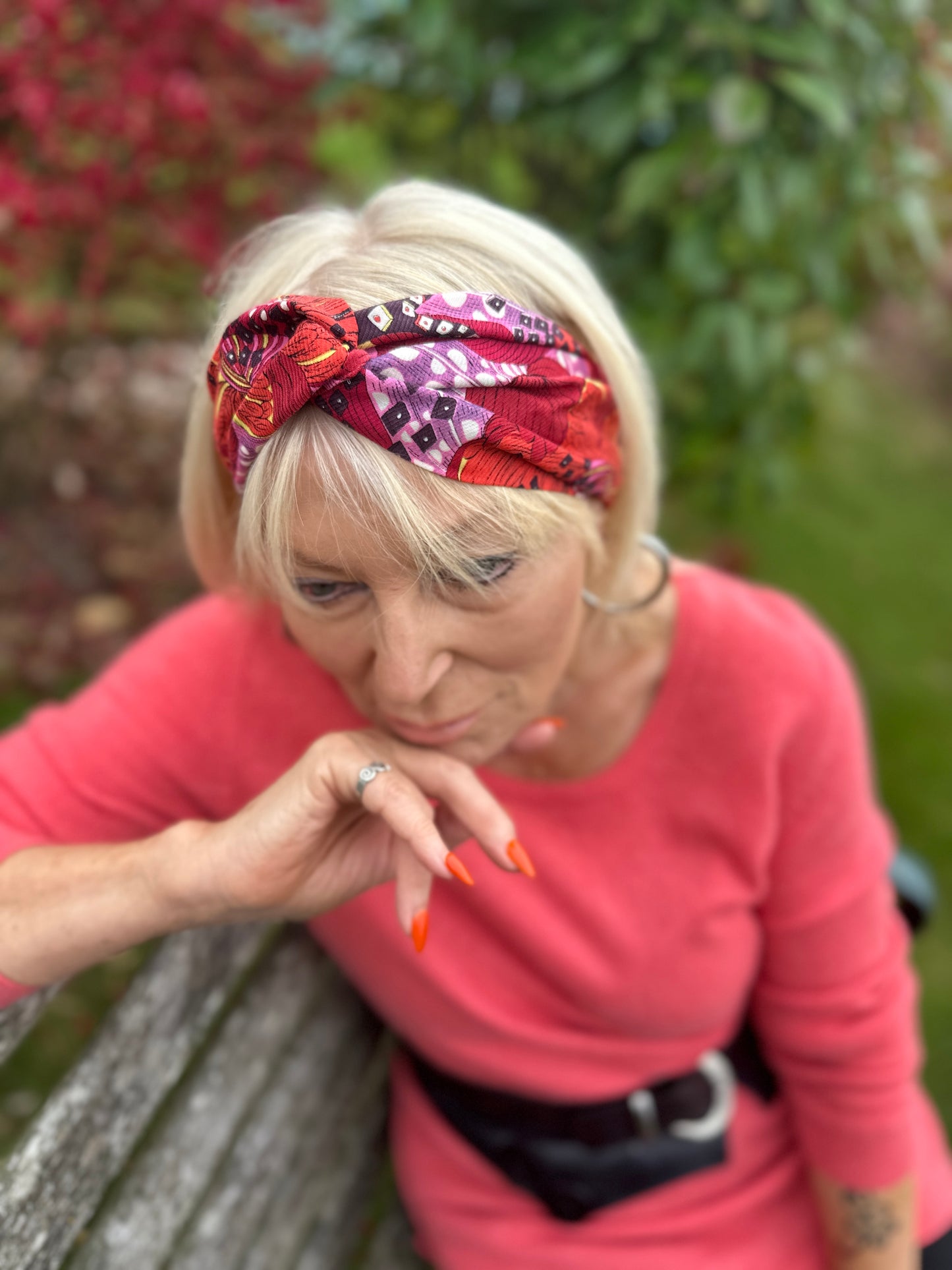 Wool & Silk Twisted Turban hairband and neck scarf in Liberty of London Satsuki in Red