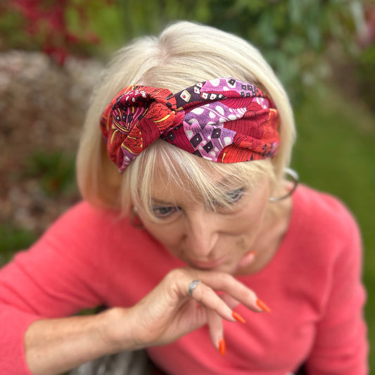 Wool & Silk Twisted Turban hairband and neck scarf in Liberty of London Satsuki in Red