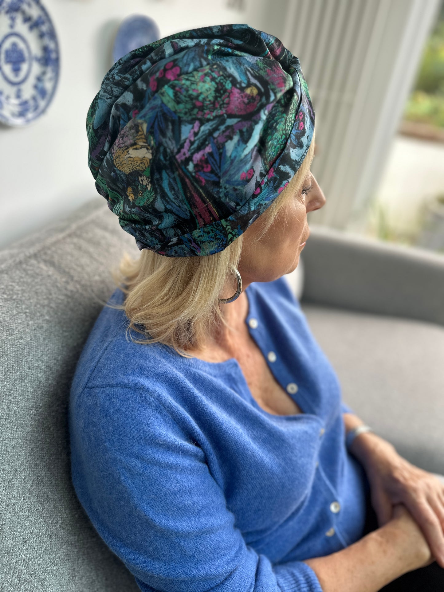 Little Susan Twisted Silk Turban & Head wrap - Liberty of London Blue Birds print in Twill Silk