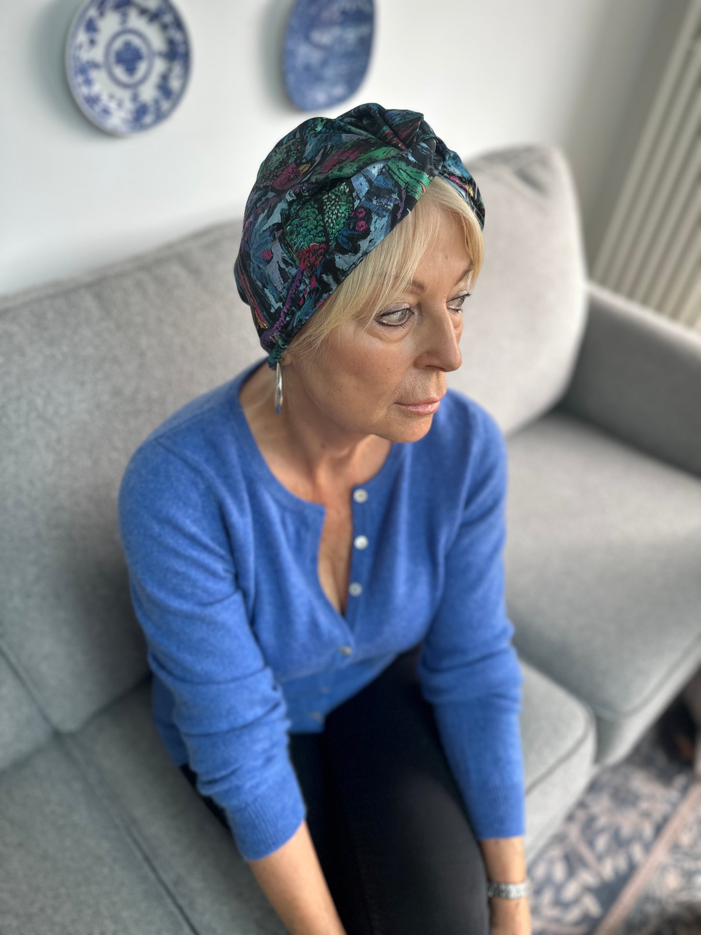 Little Susan Twisted Silk Turban & Head wrap - Liberty of London Blue Birds print in Twill Silk