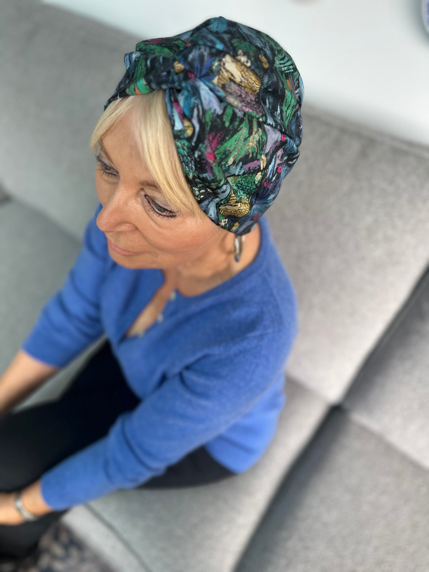 Little Susan Twisted Silk Turban & Head wrap - Liberty of London Blue Birds print in Twill Silk