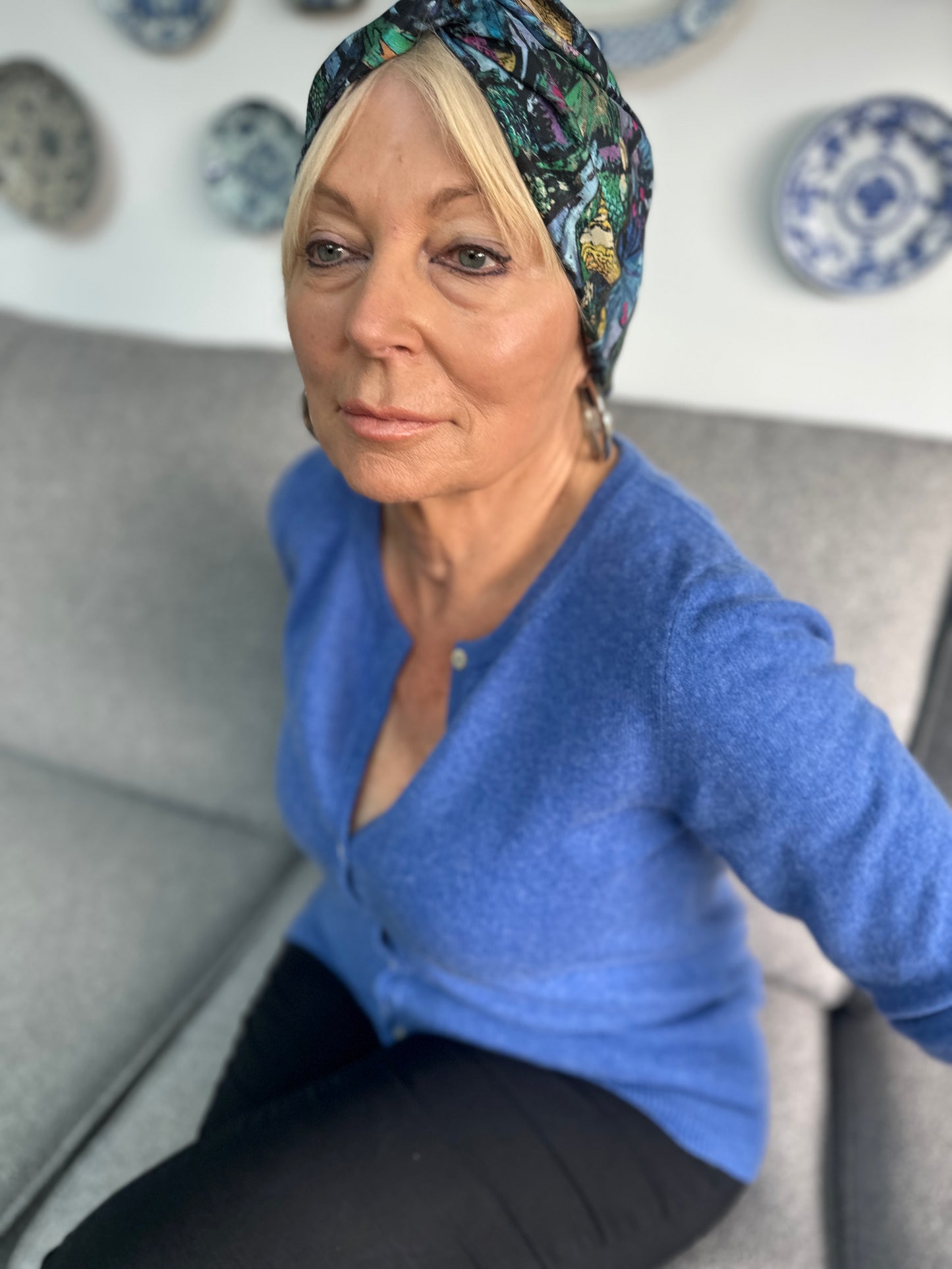 Little Susan Twisted Silk Turban & Head wrap - Liberty of London Blue Birds print in Twill Silk