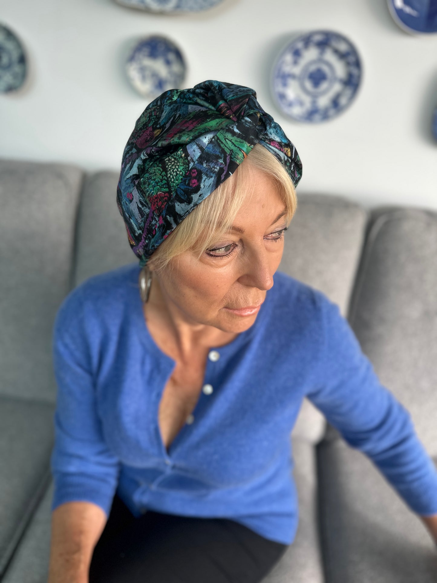 Little Susan Twisted Silk Turban & Head wrap - Liberty of London Blue Birds print in Twill Silk