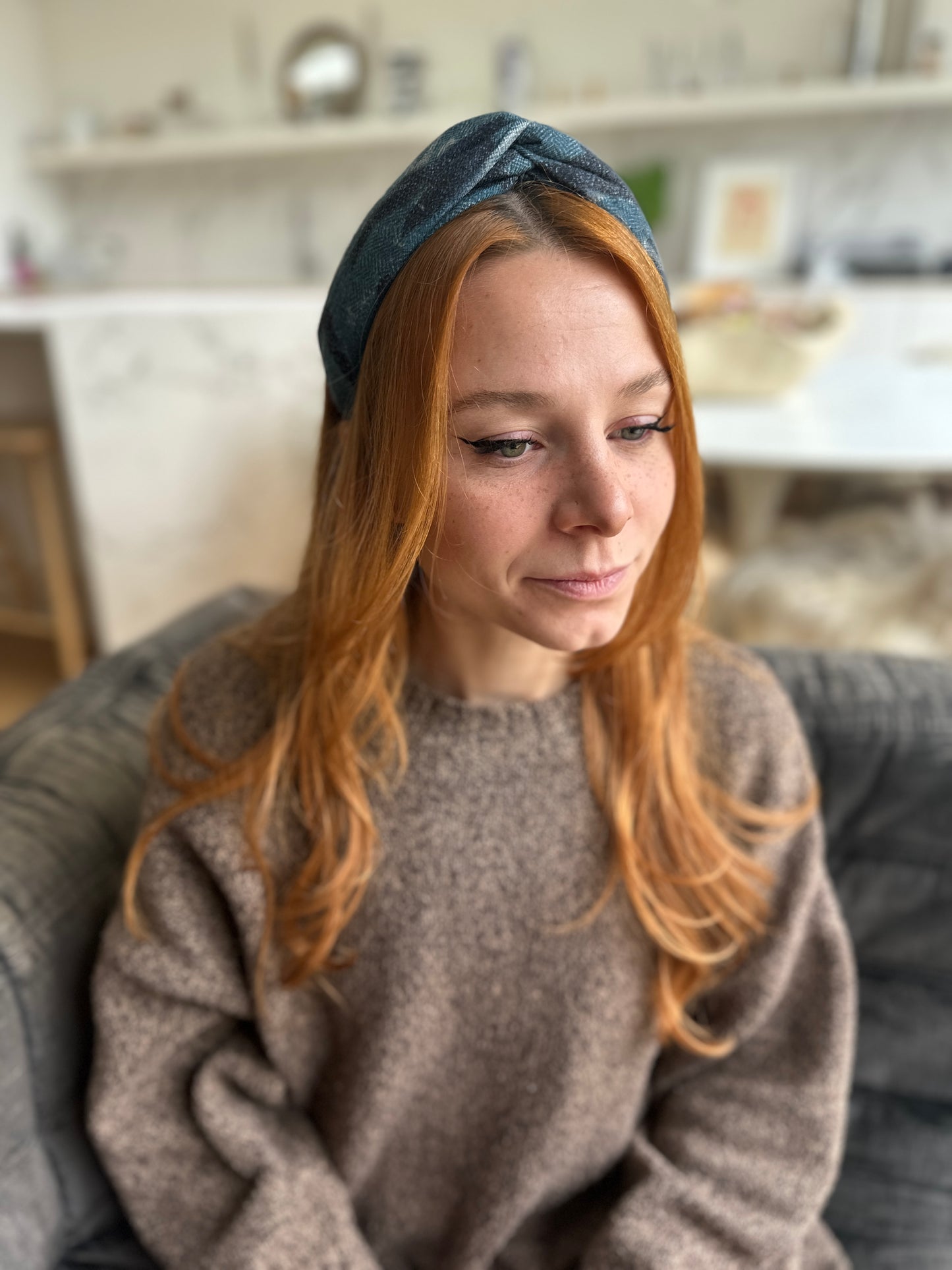 Twisted Turban hairband in Blue Sybil Campbell Liberty of London Lilestone wool