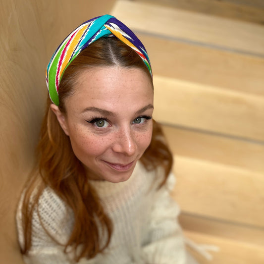 Twisted Turban hairband in Vintage Rainbow Ikat Graphic Liberty of London Varuna wool