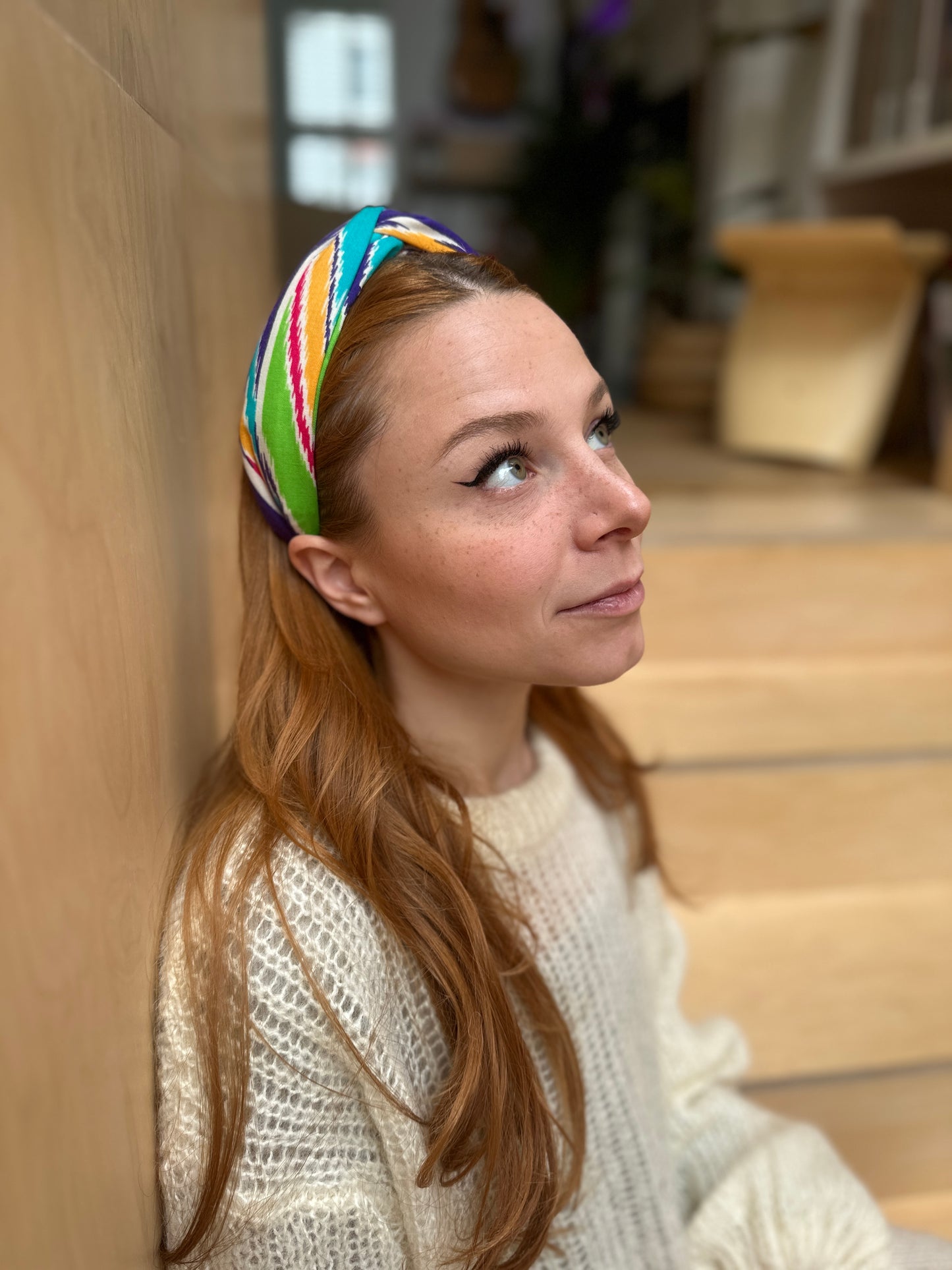 Twisted Turban hairband in Vintage Rainbow Ikat Graphic Liberty of London Varuna wool