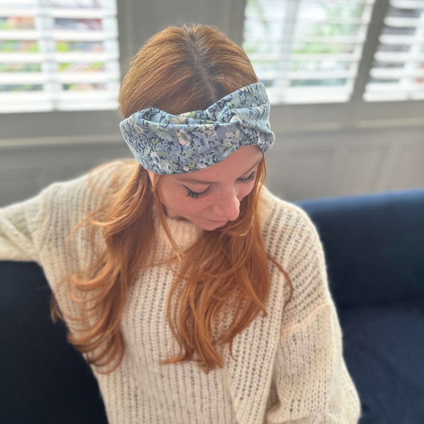 Twisted Turban hairband in Blue Thorpe Floral Liberty of London Lantana