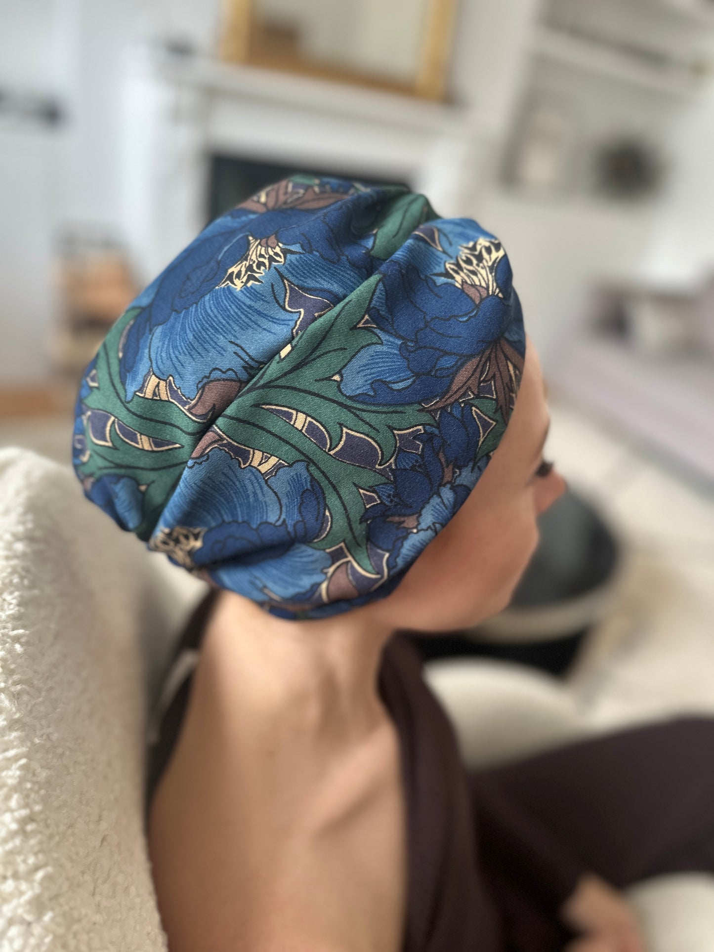 Little Susan Turban Hat -in Vintage Blue William Morris Liberty print in Varuna Wool