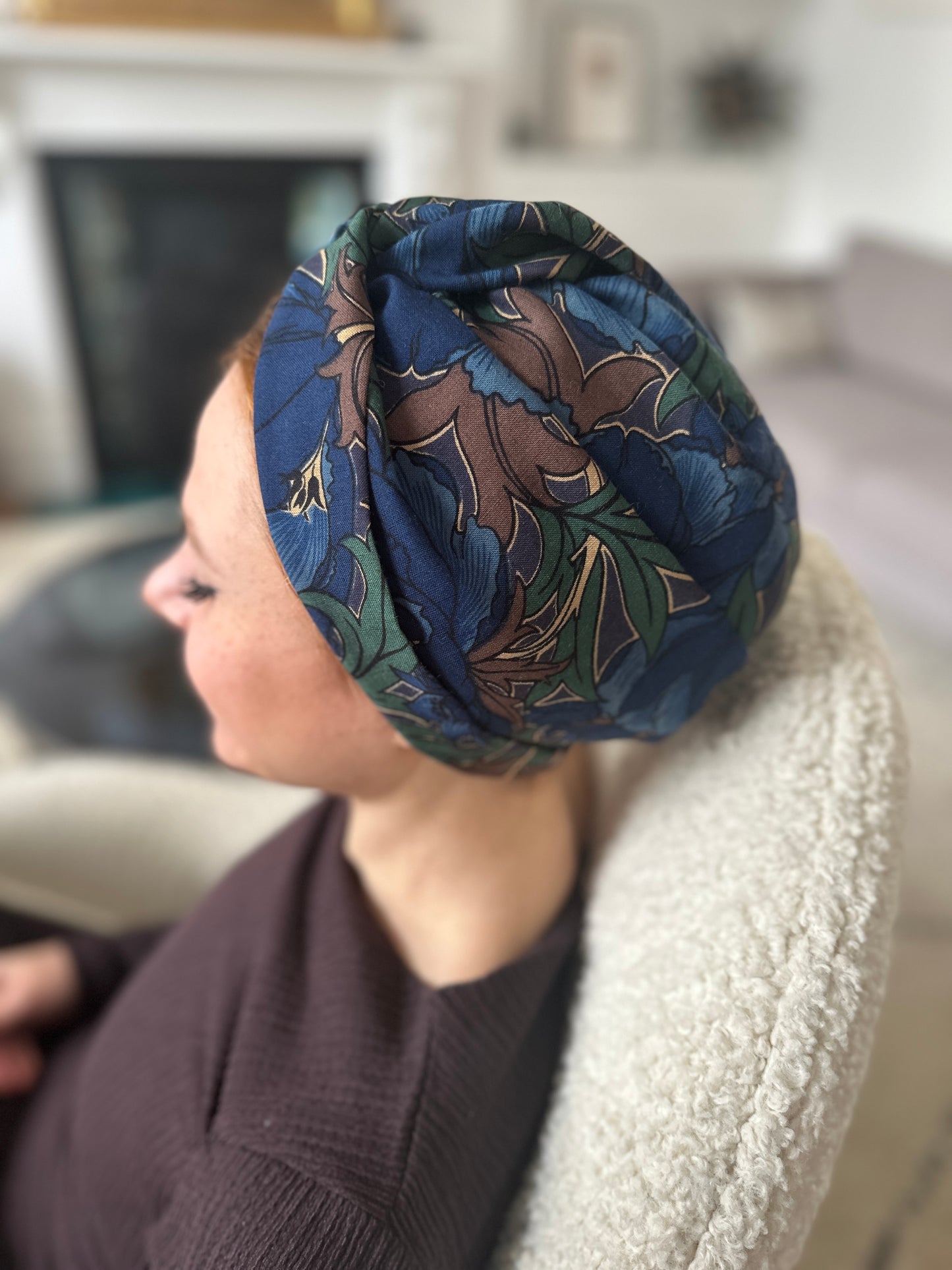 Little Susan Turban Hat -in Vintage Blue William Morris Liberty print in Varuna Wool