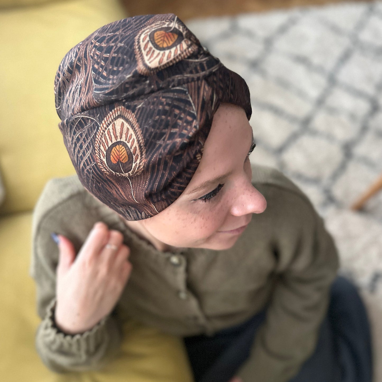 Little Susan Turban Hat in vintage brown Peacock Liberty print in Lantana (cotton & wool blend)
