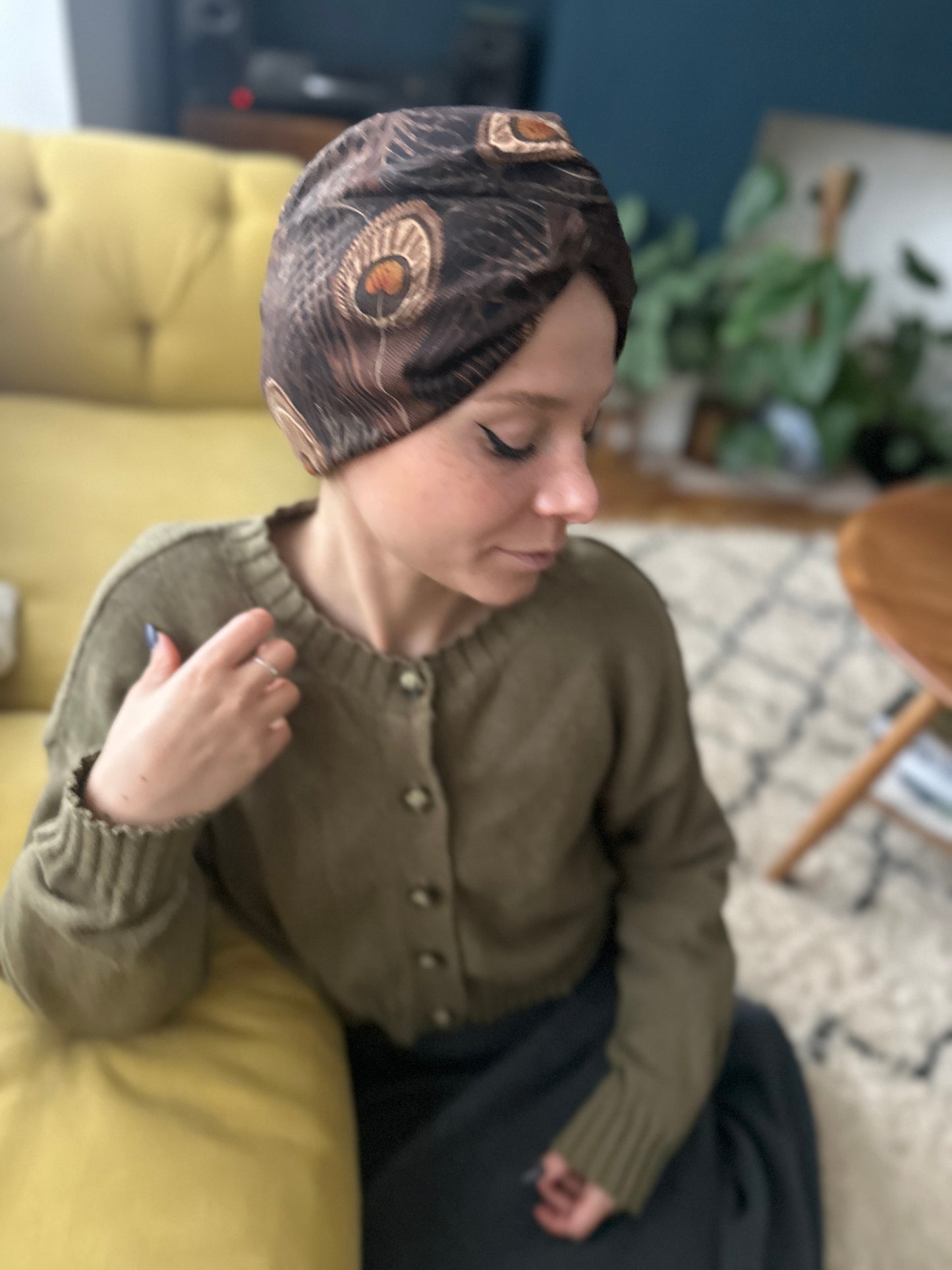 Little Susan Turban Hat in vintage brown Peacock Liberty print in Lantana (cotton & wool blend)