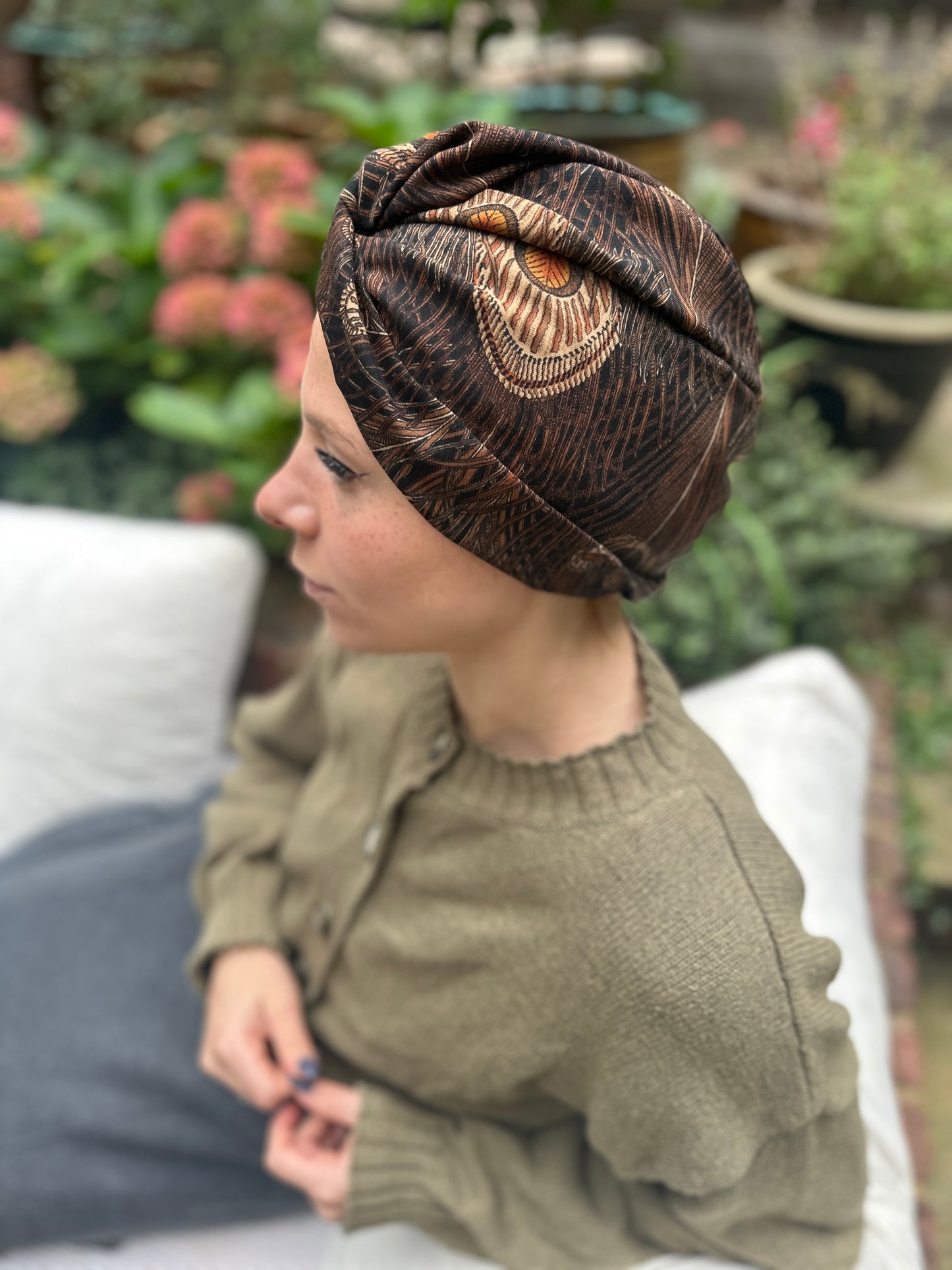Little Susan Turban Hat in vintage brown Peacock Liberty print in Lantana (cotton & wool blend)