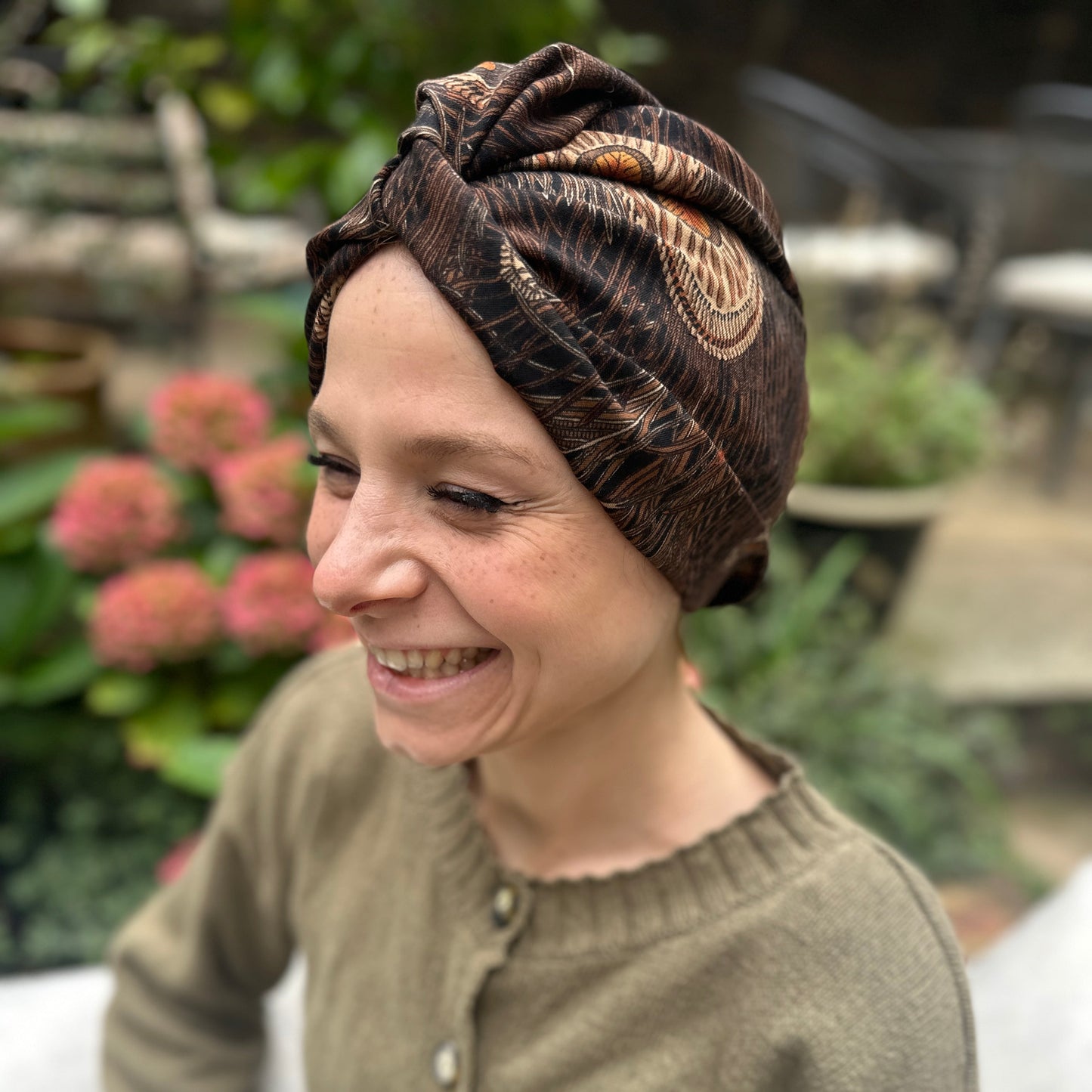 Little Susan Turban Hat in vintage brown Peacock Liberty print in Lantana (cotton & wool blend)