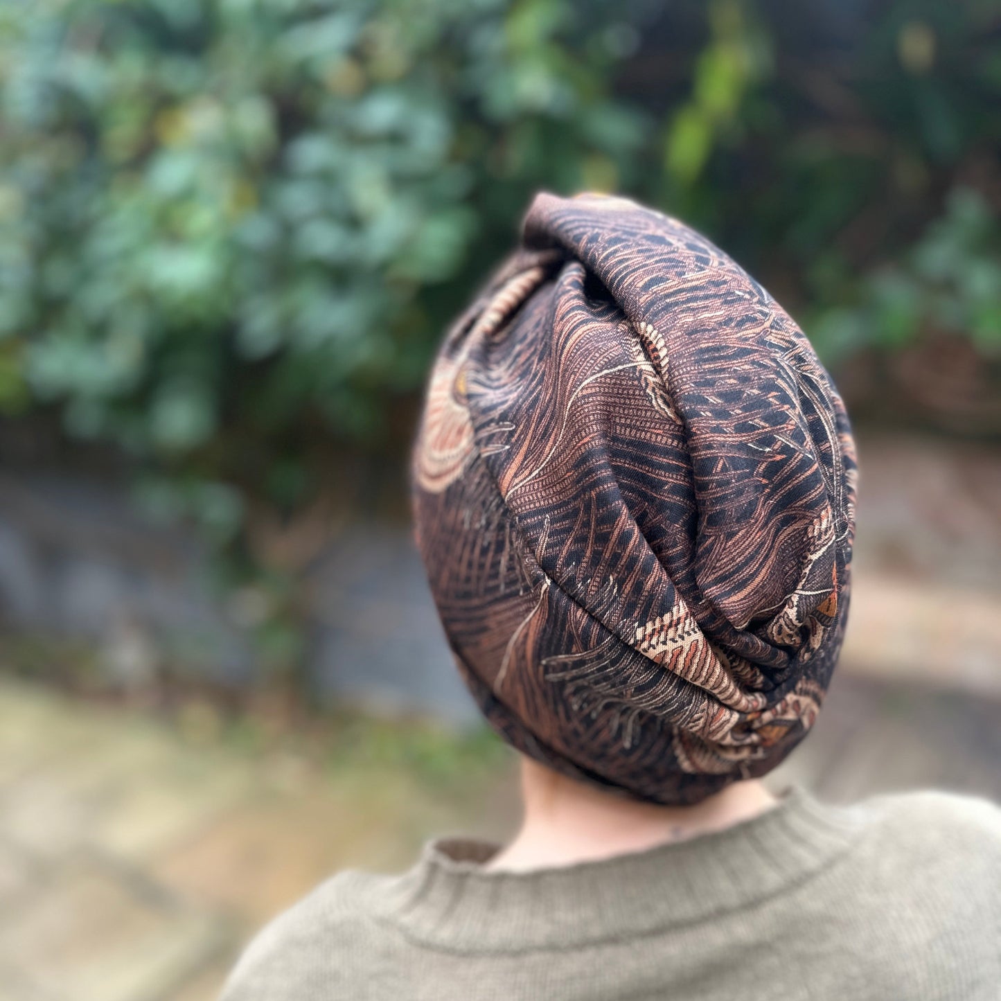 Little Susan Turban Hat in vintage brown Peacock Liberty print in Lantana (cotton & wool blend)