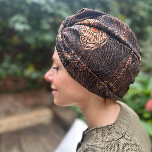 Little Susan Turban Hat in vintage brown Peacock Liberty print in Lantana (cotton & wool blend)