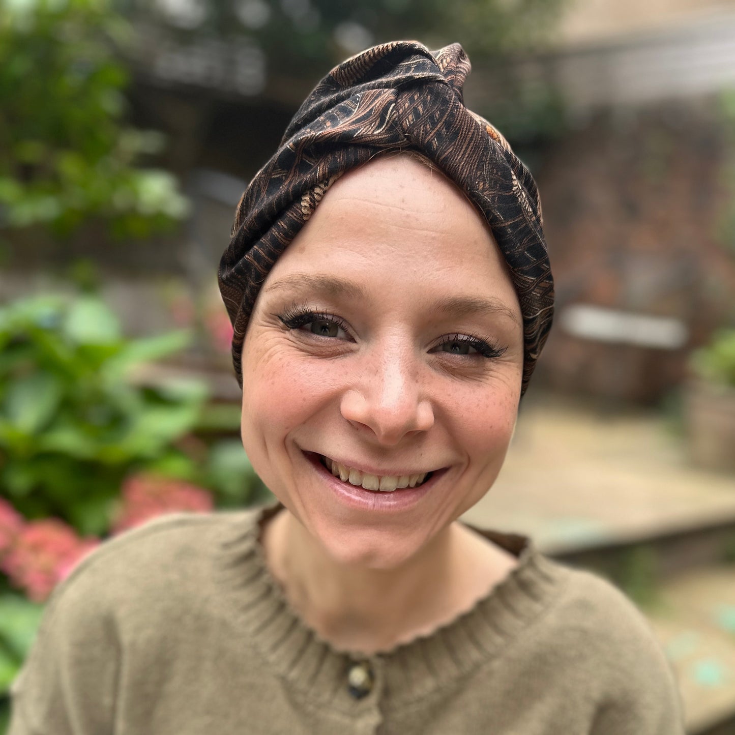 Little Susan Turban Hat in vintage brown Peacock Liberty print in Lantana (cotton & wool blend)