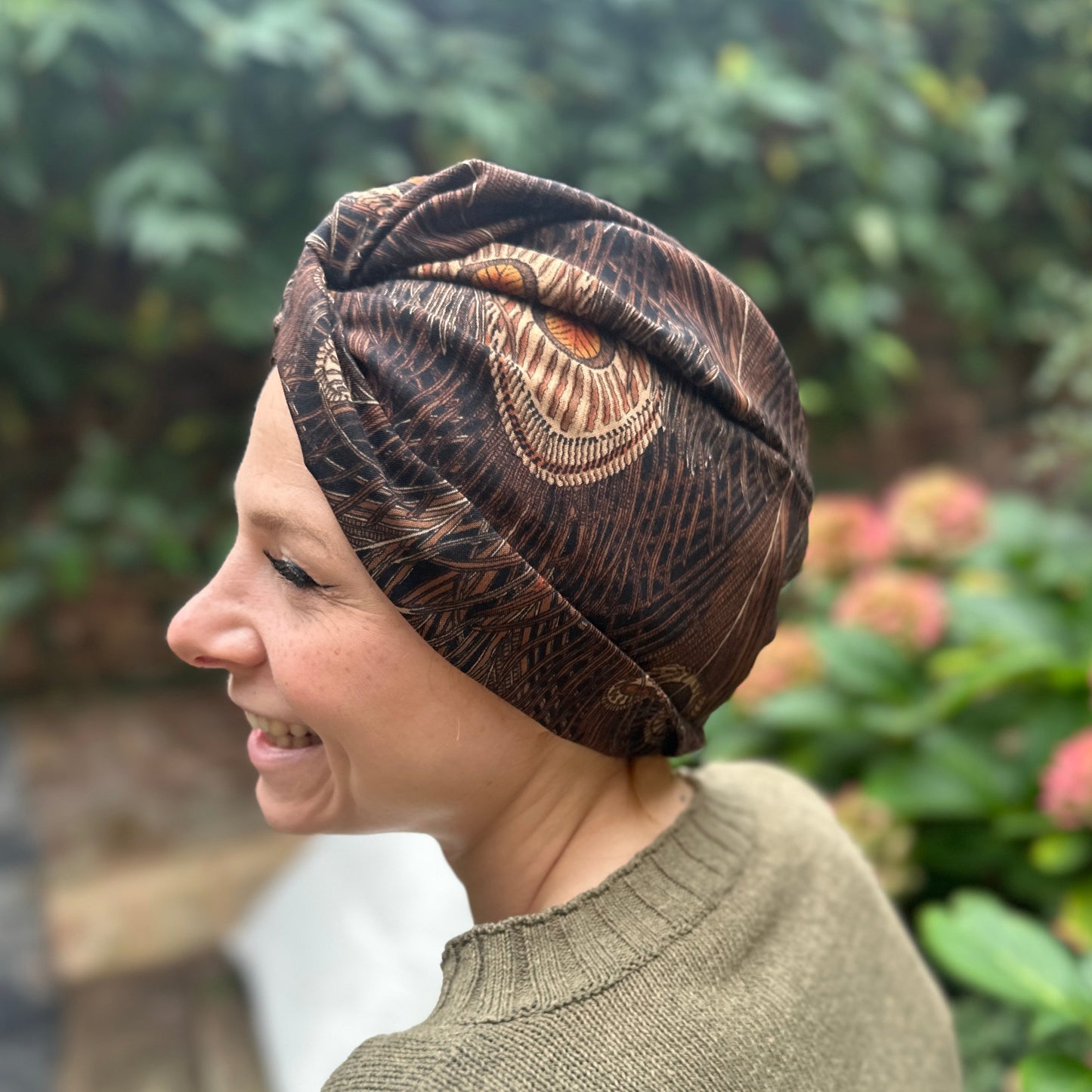 Little Susan Turban Hat in vintage brown Peacock Liberty print in Lantana (cotton & wool blend)