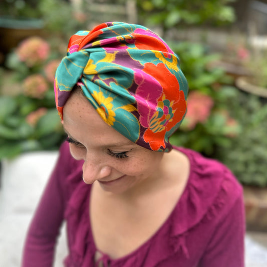 Little Susan Twisted Silk Turban & Head wrap - Liberty of London Bright large floral print in Belgravia Silk Satin