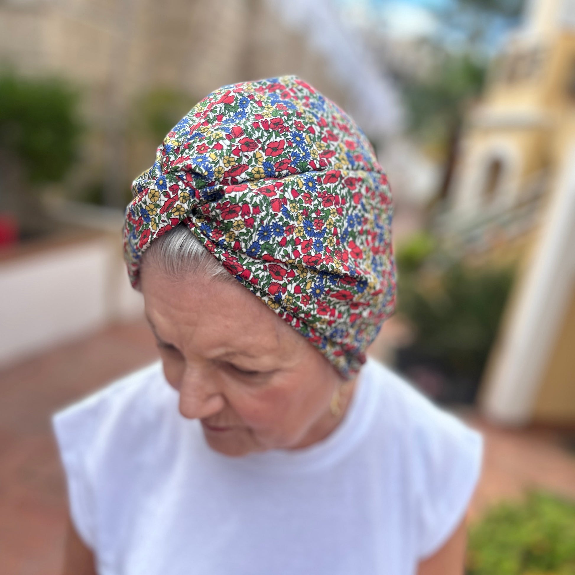 Little Susan Turban Hat -Red Poppy & Daisy Liberty floral print - Silk & Lawn