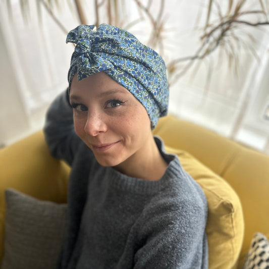 Ladies Turban Hat - Liberty of London Classic Blue Poppy floral print (LARGE) - Silk & Lawn