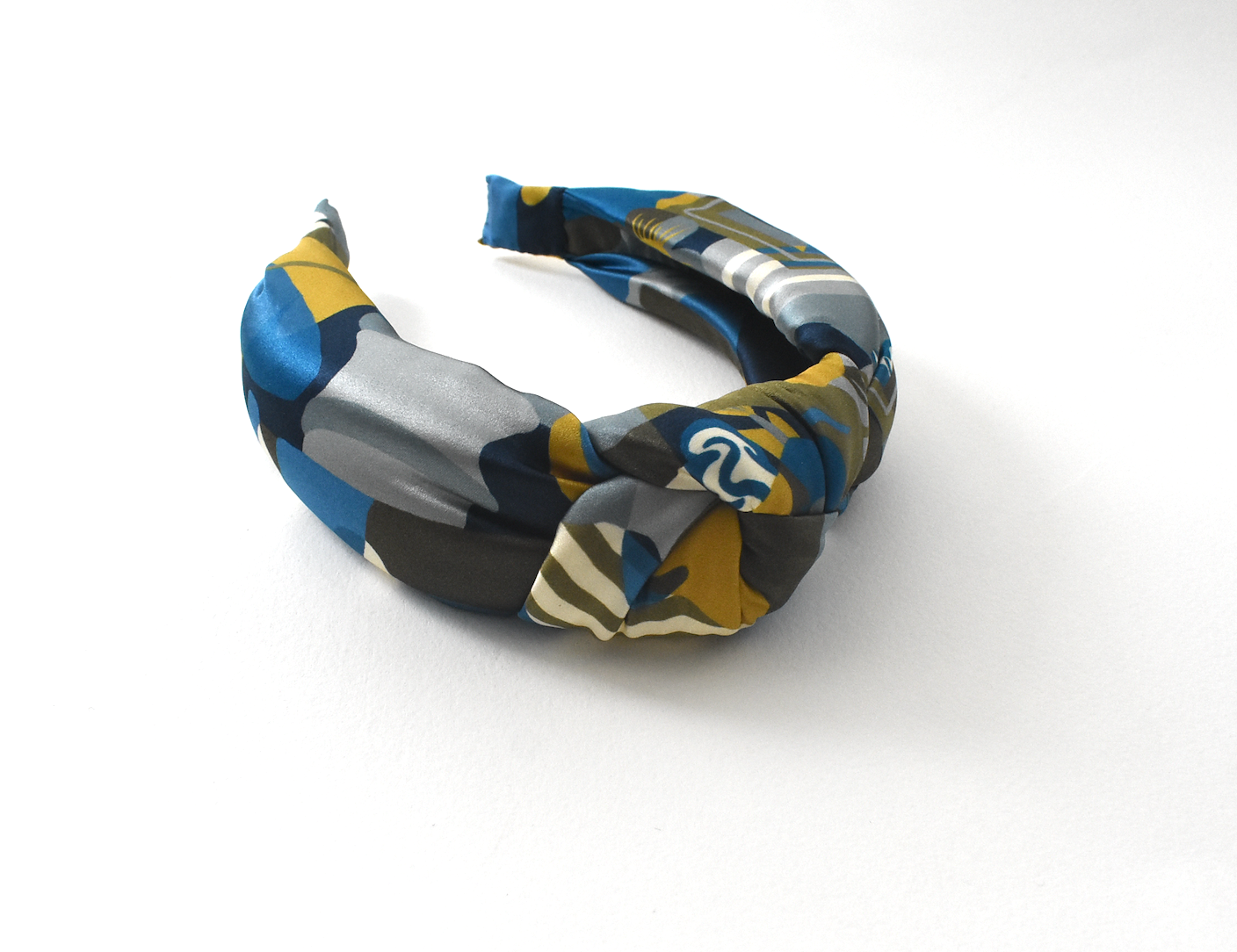 Luxury Silk Knot Alice band - Liberty of London Curation in Gold and Blue Silk Satin