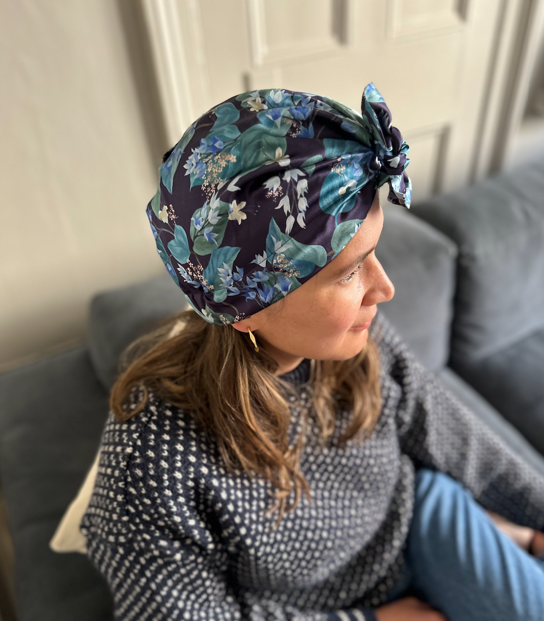 Luxury Silk Turban Head wrap Liberty of London Artist Blue