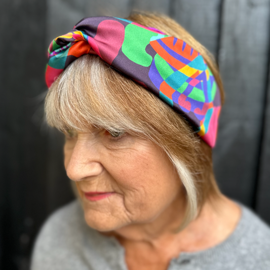 Silk Twisted Turban hairband and neck scarf in Liberty London Curation - Bright Multicolour Graphic - 100% Silk-Satin