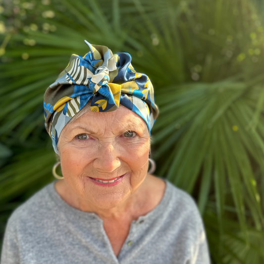 Luxury Silk Crepe Turban & Head wrap - Liberty of London Curation in Gold and Blue silk crepe