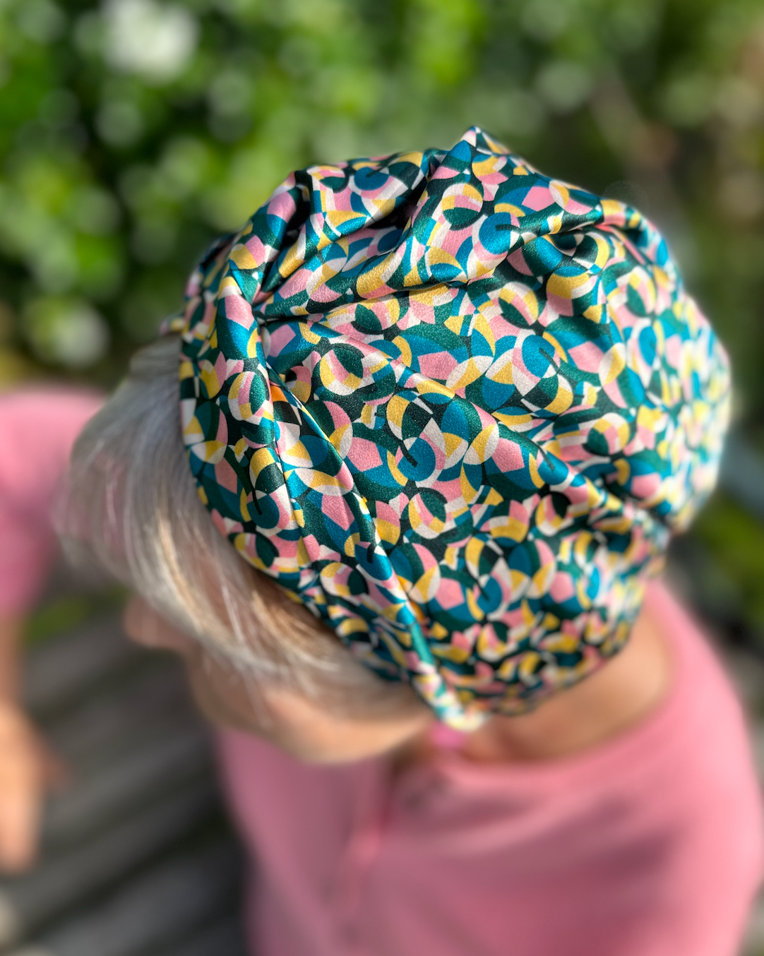 Small Twisted Silk Turban & Head wrap - Liberty of London Artist Bounce Graphic printed silk satin