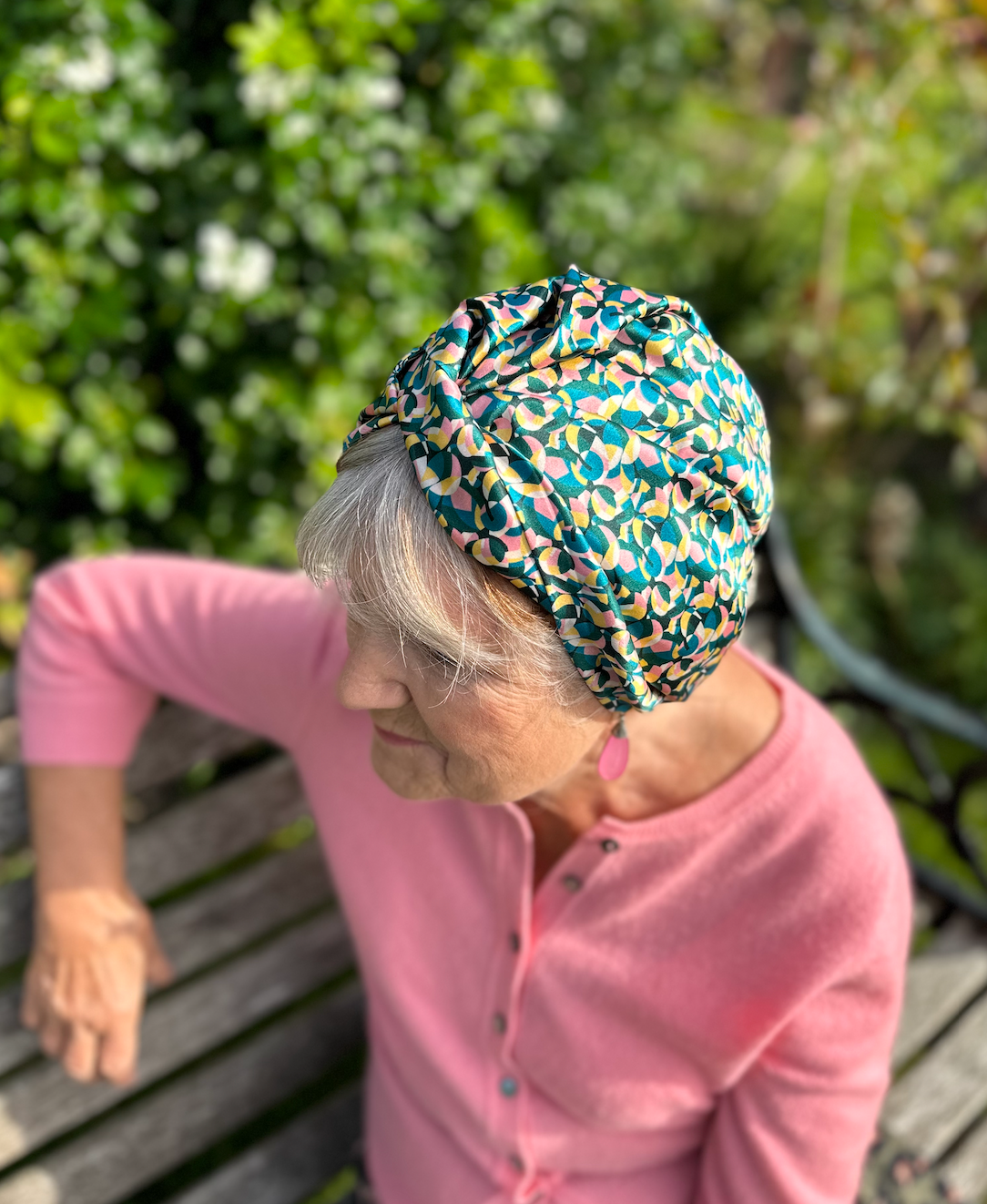 Small Twisted Silk Turban & Head wrap - Liberty of London Artist Bounce Graphic printed silk satin