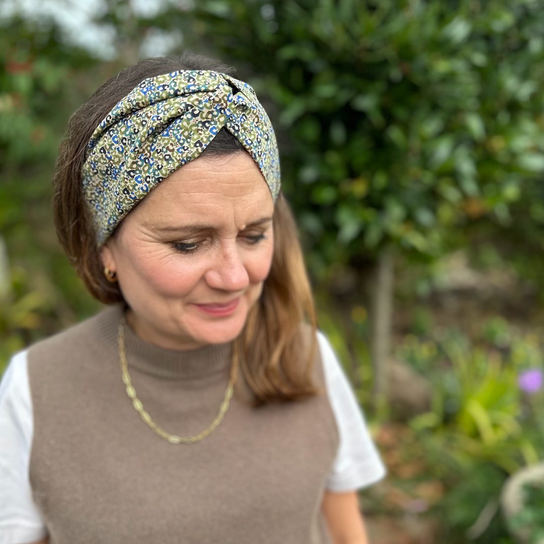 Twisted Turban Headband - Liberty of London Green Sweet Cherries - Ditsy print