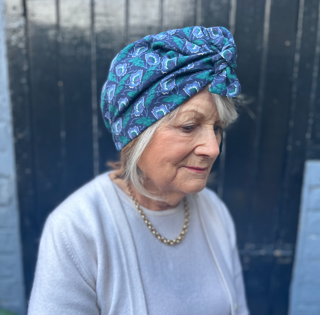 Ladies Turban Hat - Vintage Liberty of London Bright Blue Floral in Varuna Wool