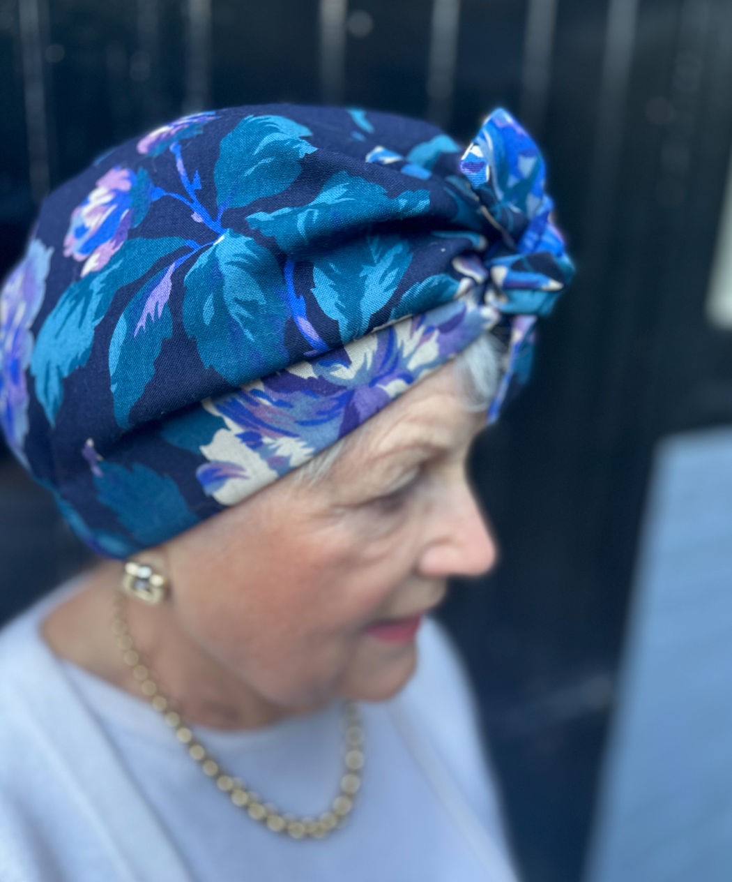 Ladies Turban Hat - Vintage Liberty of London Bright Blue and Purple Floral in Varuna Wool