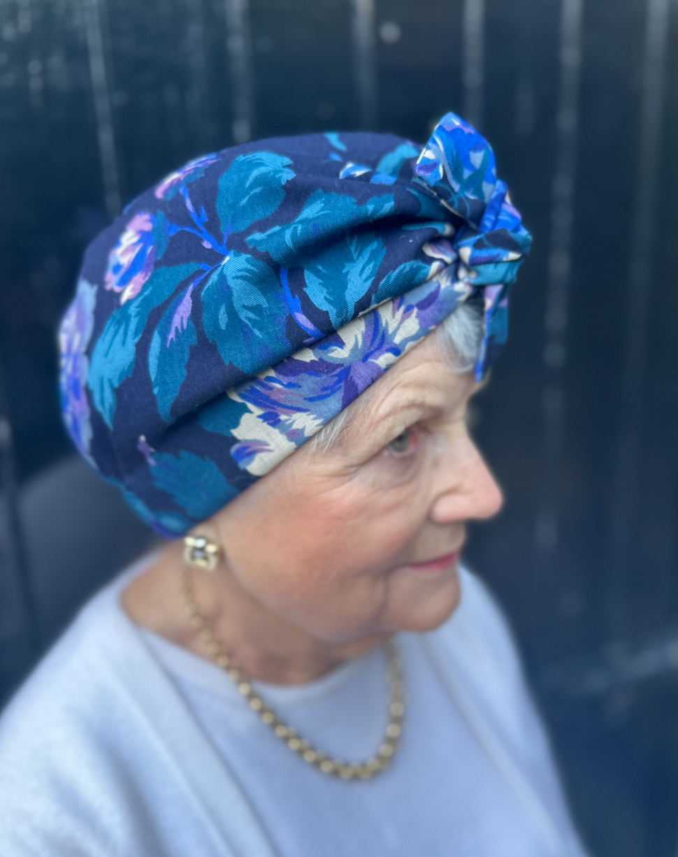 Ladies Turban Hat - Vintage Liberty of London Bright Blue and Purple Floral in Varuna Wool