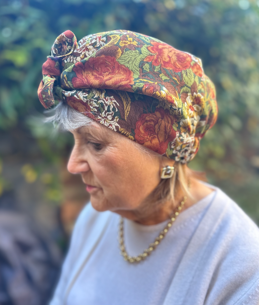 Ladies Turban Hat - Vintage Liberty of London Varuna Wool - Winter Floral in Rust Tones