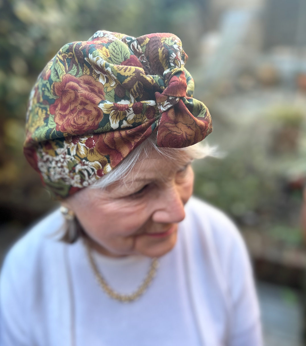 Ladies Turban Hat - Vintage Liberty of London Varuna Wool - Winter Floral in Rust Tones