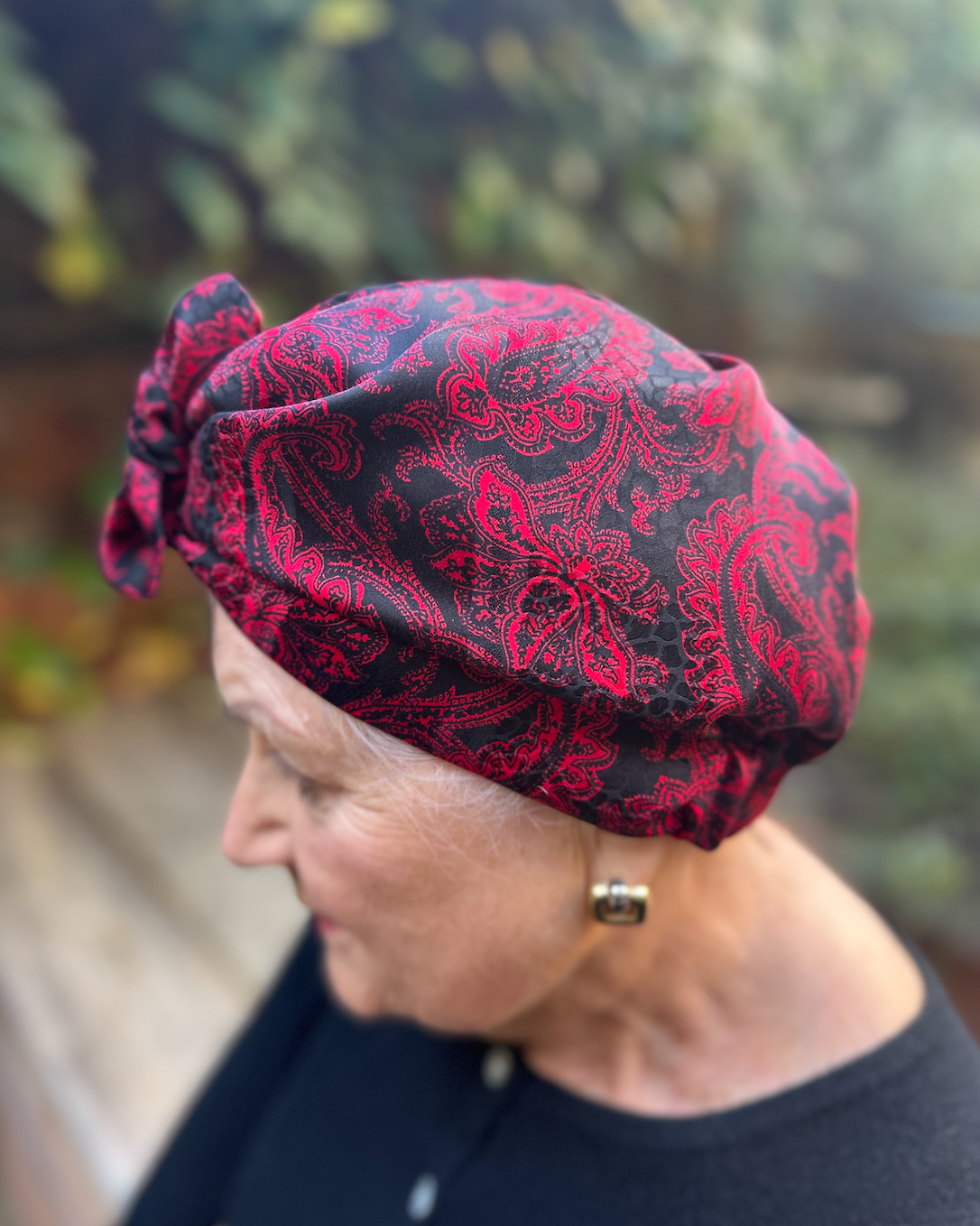 Luxury Silk Turban & Head wrap - Vintage Liberty of London Black and Red Paisley Silk
