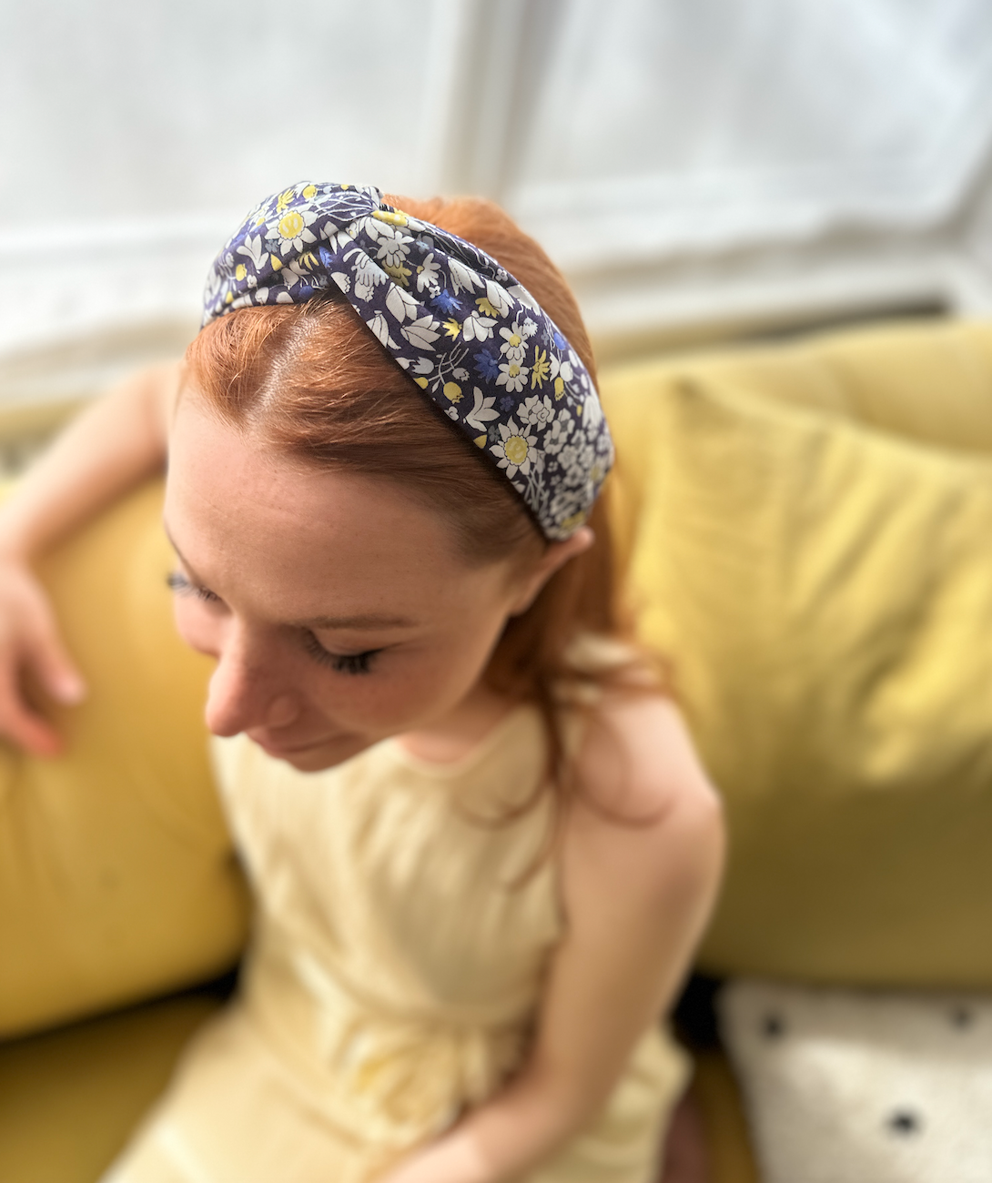 Twisted Alice Headband - Liberty of London Yellow and Navy Blue Floral print
