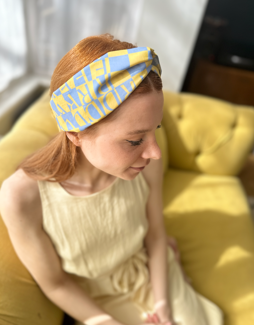 Twisted Turban Headband - Yellow Liberty Letters print