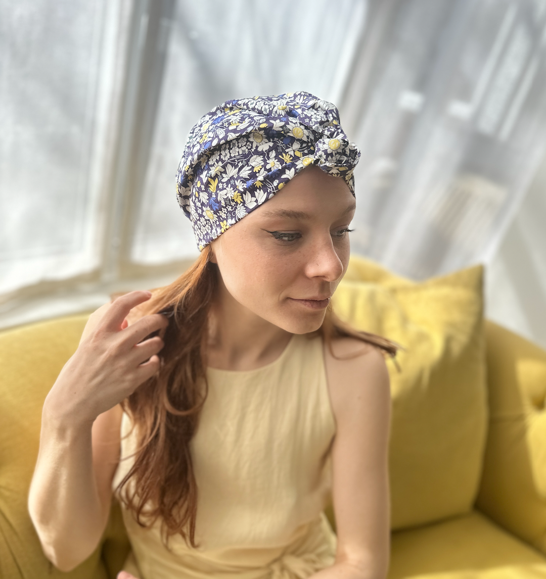 Ladies Turban Hat - Liberty of London Yellow and Navy Blue Floral