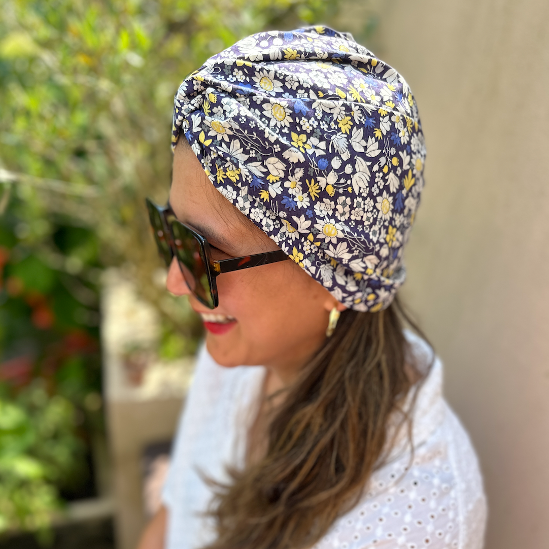 Little Susan Turban Hat - Yellow and Navy Blue Floral print by Liberty of London