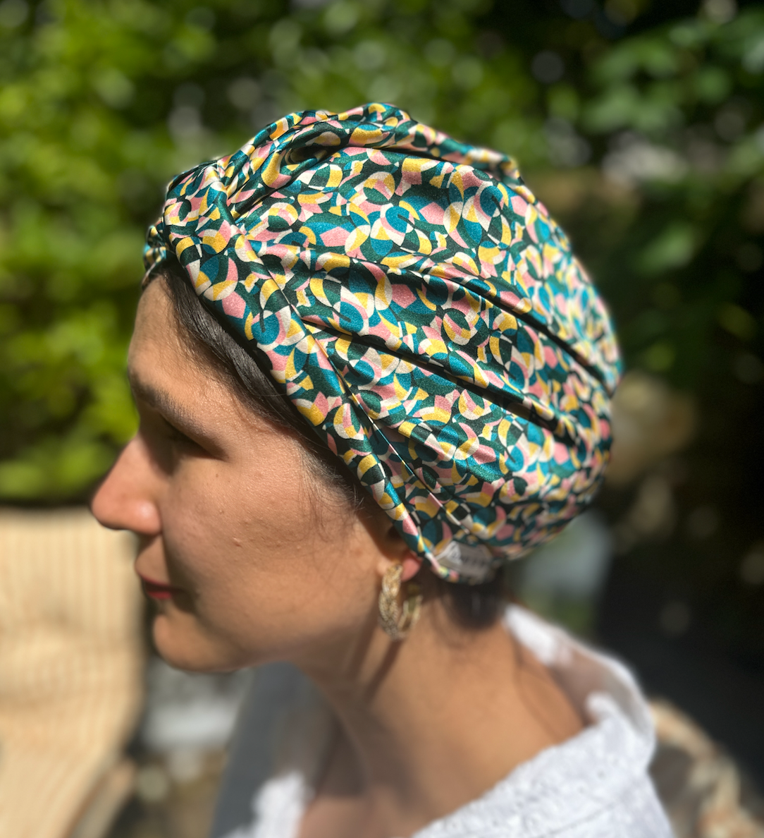 Small Twisted Silk Turban & Head wrap - Liberty of London Artist Bounce Graphic printed silk satin