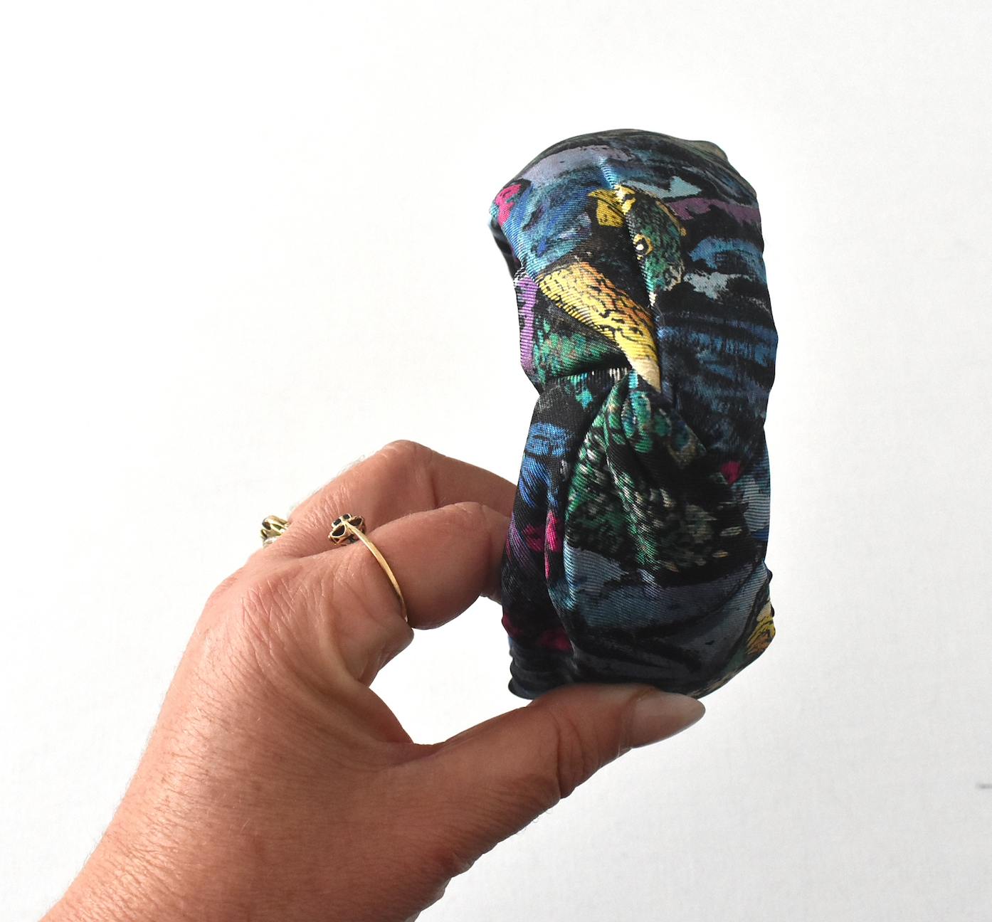 Luxury Silk Twill Twisted or Knot Alice band in Liberty of London Birds in blue